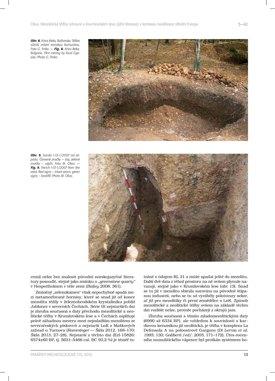 Fig. 9. Trench I-13-1/2007 from the west. Red signs intact seam, green signs backfill. Photo M. Oliva.