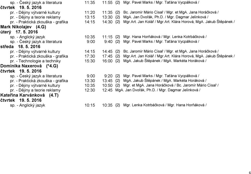 Jakub Štěpánek / Mark Nikolajev (4.G) sp. - Anglický jazyk 10:35 11:15 {2} Mgr. Hana Horňáková / Mgr. Lenka Kotrbáčková / sp. - Český jazyk a literatura 9:00 9:40 {2} Mgr. Pavel Marks / Mgr.