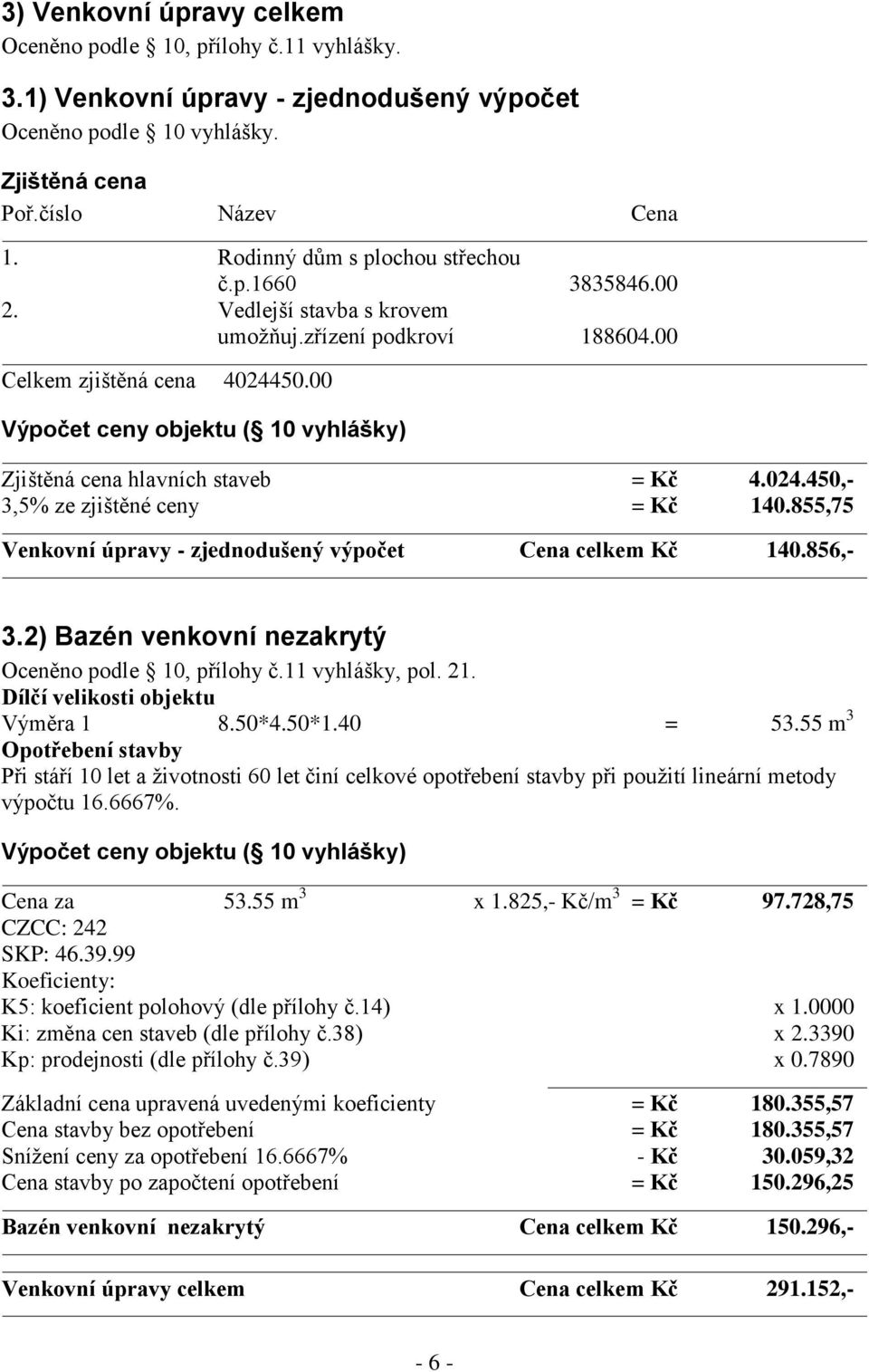 00 Výpočet ceny objektu ( 10 vyhlášky) Zjištěná cena hlavních staveb = Kč 4.024.450,- 3,5% ze zjištěné ceny = Kč 140.855,75 Venkovní úpravy - zjednodušený výpočet Cena celkem Kč 140.856,- 3.