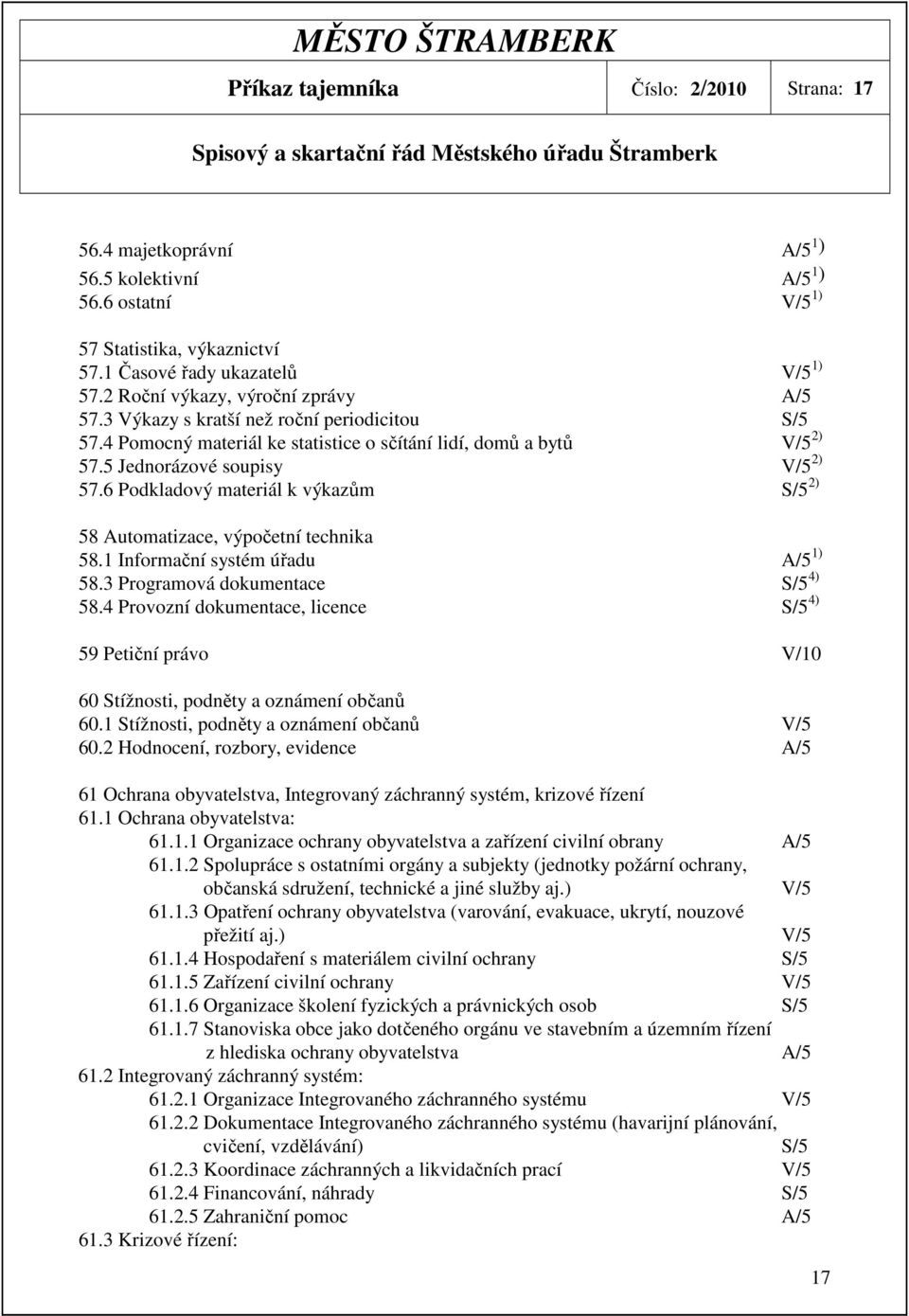 6 Podkladový materiál k výkazům S/5 2) 58 Automatizace, výpočetní technika 58.1 Informační systém úřadu A/5 1) 58.3 Programová dokumentace S/5 4) 58.