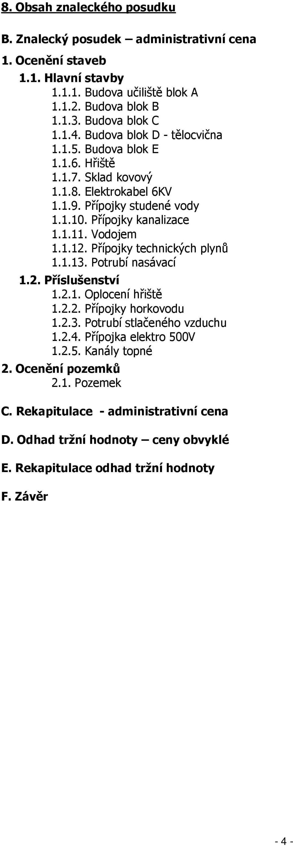 Přípojky technických plynů 1.1.13. Potrubí nasávací 1.2. Příslušenství 1.2.1. Oplocení hřiště 1.2.2. Přípojky horkovodu 1.2.3. Potrubí stlačeného vzduchu 1.2.4.