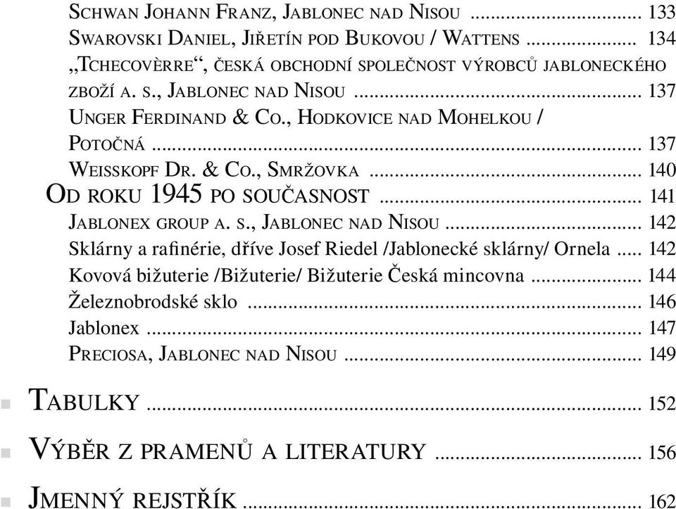 .. 141 JABLONEX GROUP A. S., JABLONEC NAD NISOU... 142 Sklárny a rafinérie, dříve Josef Riedel /Jablonecké sklárny/ Ornela.