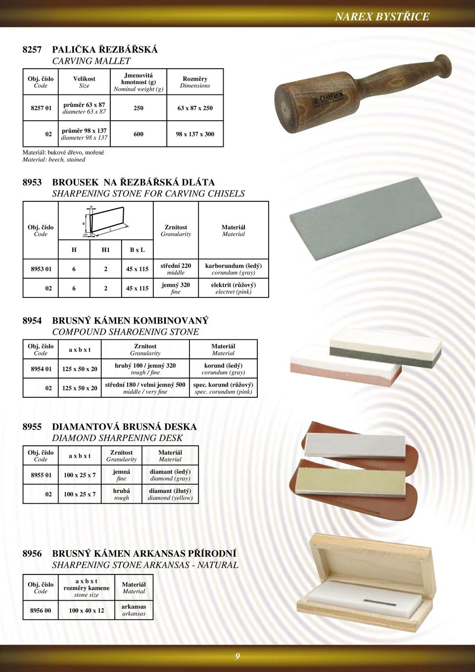 x L 8953 01 6 2 45 x 115 02 6 2 45 x 115 střední 220 middle jemný 320 fine karborundum (šedý) corundum (gray) elektrit (růžový) electret (pink) 8954 BRUSNÝ KÁMEN KOMBINOVANÝ COMPOUND SHAROENING STONE