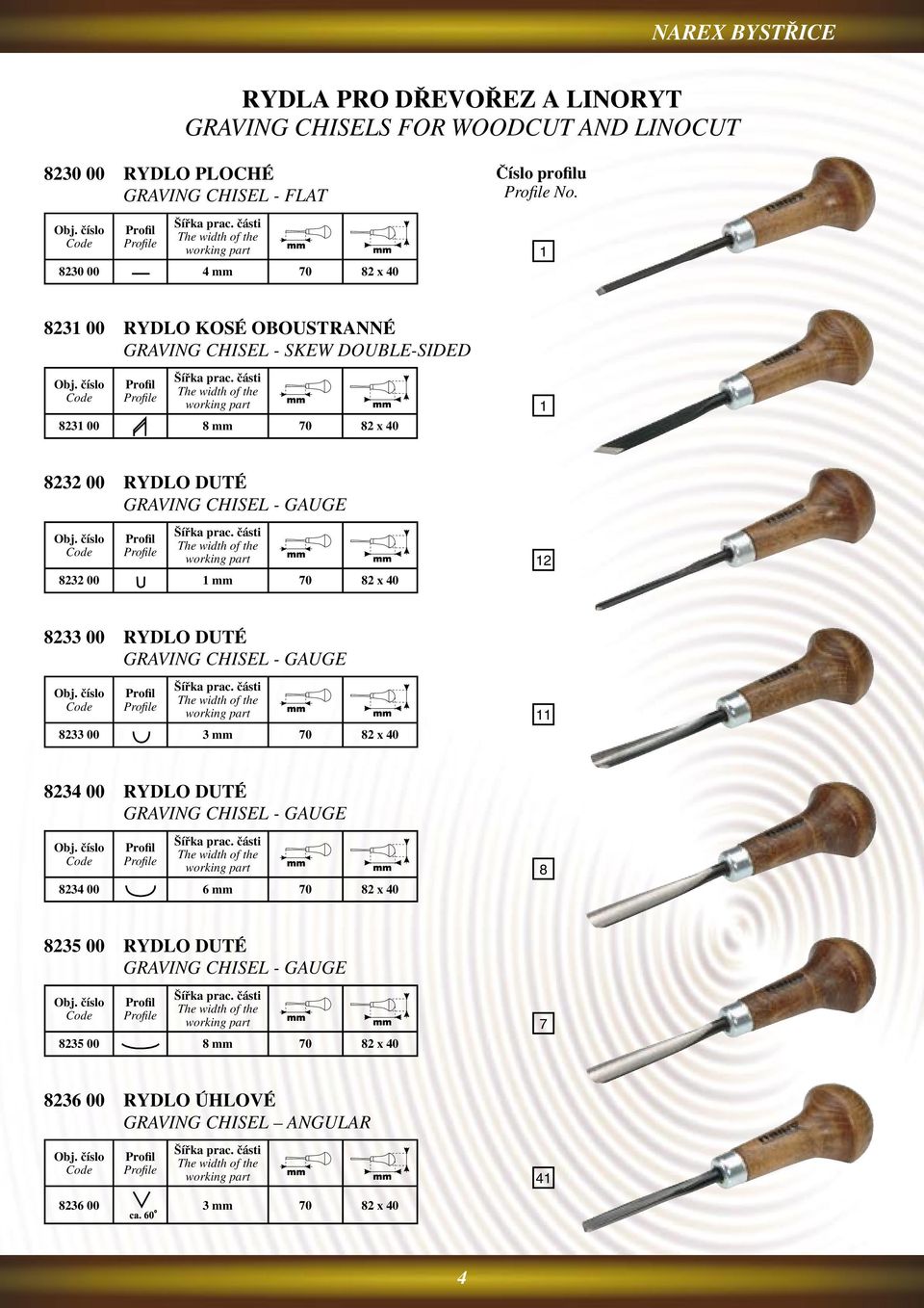 00 1 mm 70 82 x 40 12 8233 00 RYDLO DUTÉ GRAVING CHISEL - GAUGE e 8233 00 3 mm 70 82 x 40 11 8234 00 RYDLO DUTÉ GRAVING CHISEL - GAUGE e 8234 00 6 mm 70