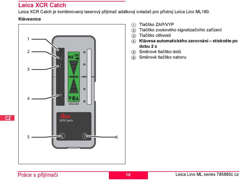 Klávesnice 1 3 4 Práce s přijímači XCR Catch 5 6 10 1 Tlačítko ZAP/VYP Tlačítko