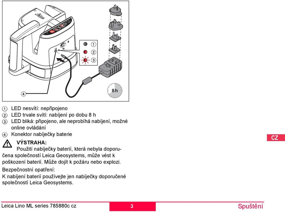 doporučena společností Leica Geosystems, může vést k poškození baterií. Může dojít k požáru nebo explozi.