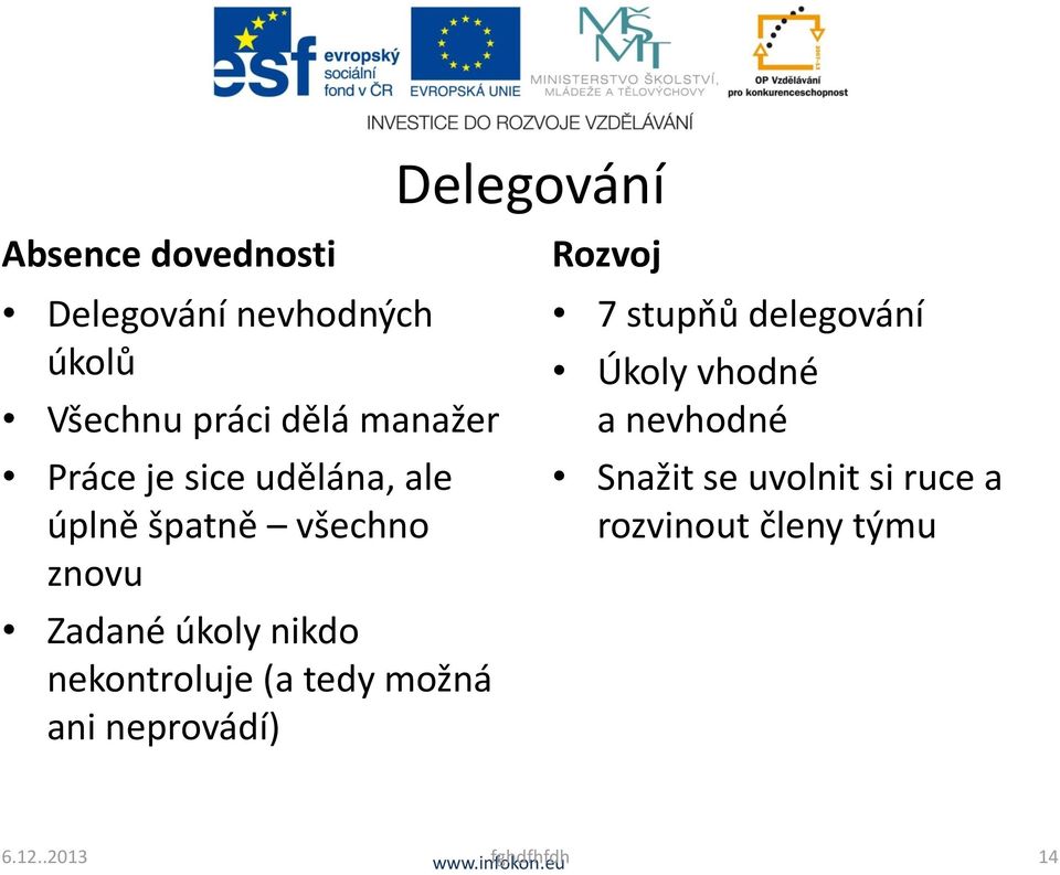 nekontroluje (a tedy možná ani neprovádí) Rozvoj 7 stupňů delegování Úkoly vhodné a