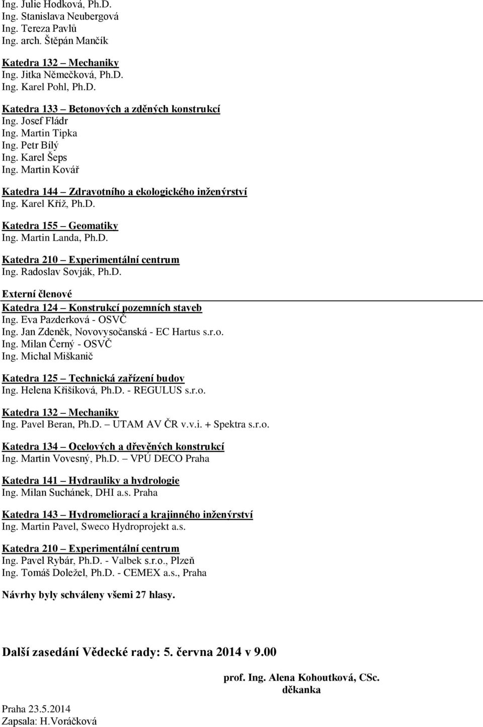 Radoslav Sovják, Ph.D. Externí členové Katedra 124 Konstrukcí pozemních staveb Ing. Eva Pazderková - OSVČ Ing. Jan Zdeněk, Novovysočanská - EC Hartus s.r.o. Ing. Milan Černý - OSVČ Ing.