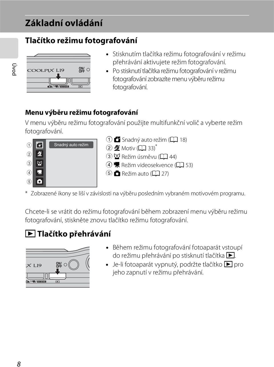 Menu výběru režimu fotografování V menu výběru režimu fotografování použijte multifunkční volič a vyberte režim fotografování.