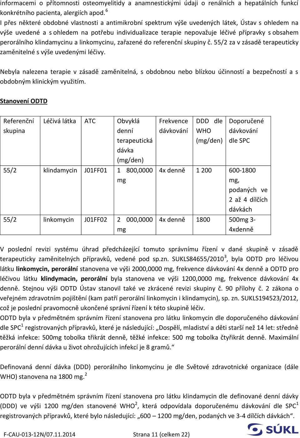 perorálního klindamycinu a linkomycinu, zařazené do referenční skupiny č. 55/2 za v zásadě terapeuticky zaměnitelné s výše uvedenými léčivy.