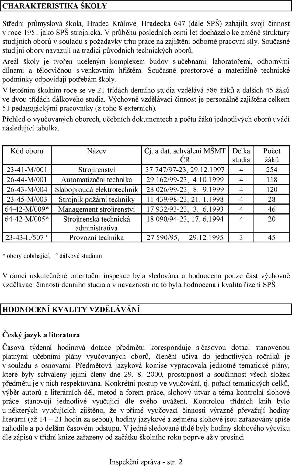 Současné studijní obory navazují na tradici původních technických oborů. Areál školy je tvořen uceleným komplexem budov s učebnami, laboratořemi, odbornými dílnami a tělocvičnou s venkovním hřištěm.