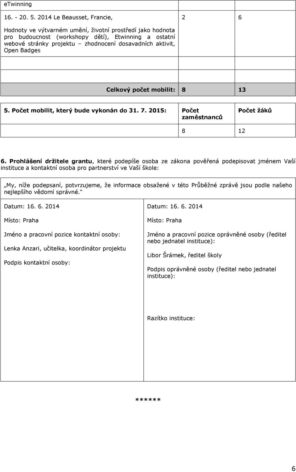 Open Badges Celkový počet mobilit: 8 13 5. Počet mobilit, který bude vykonán do 31. 7. 2015: Počet zaměstnanců Počet žáků 8 12 6.