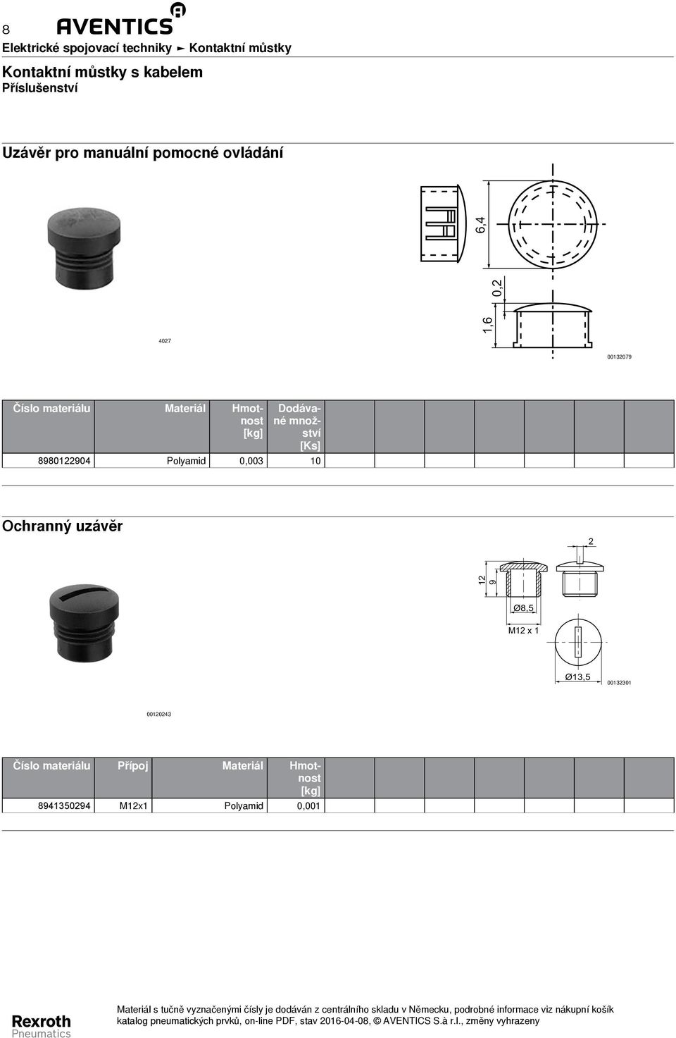 Dodávané množství [Ks] 8980122904 Polyamid 0,003 10 Ochranný uzávěr 2 12 9 Ø8,5 M12 x 1