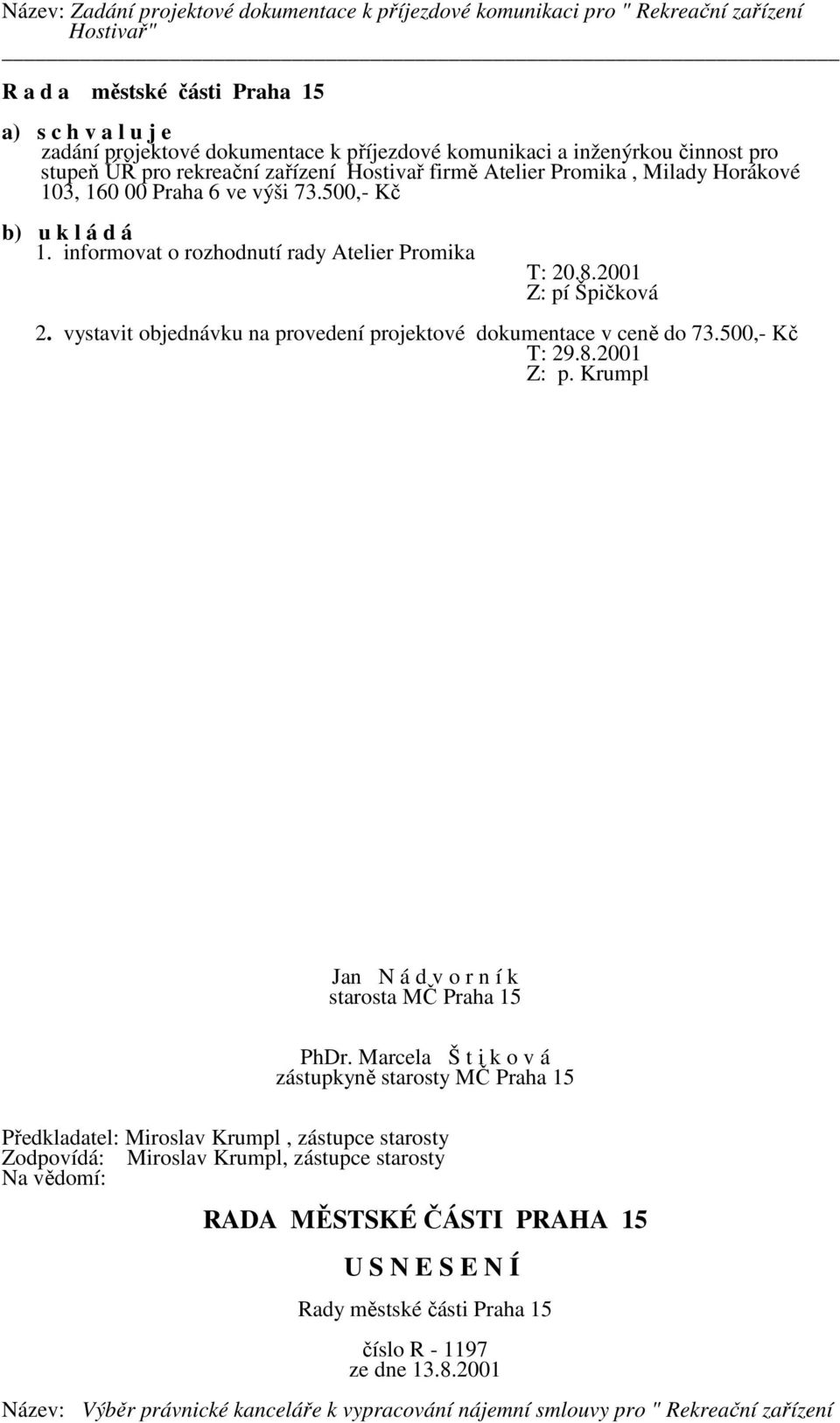 informovat o rozhodnutí rady Atelier Promika T: 20.8.2001 Z: pí