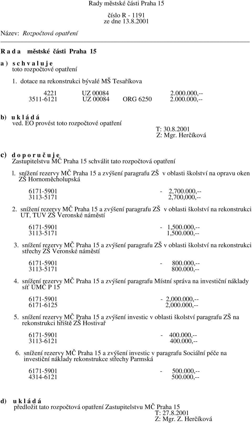 snížení rezervy MČ Praha 15 a zvýšení paragrafu ZŠ v oblasti školství na opravu oken ZŠ Hornoměcholupská 6171-5901 - 2,700.000,-- 3113-5171 2,700,000,-- 2.