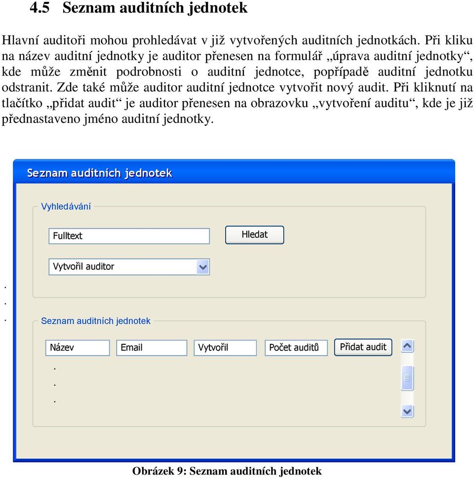 vytvořit nový audit Při kliknutí na tlačítko přidat audit je auditor přenesen na obrazovku vytvoření auditu, kde je již přednastaveno jméno auditní jednotky Seznam