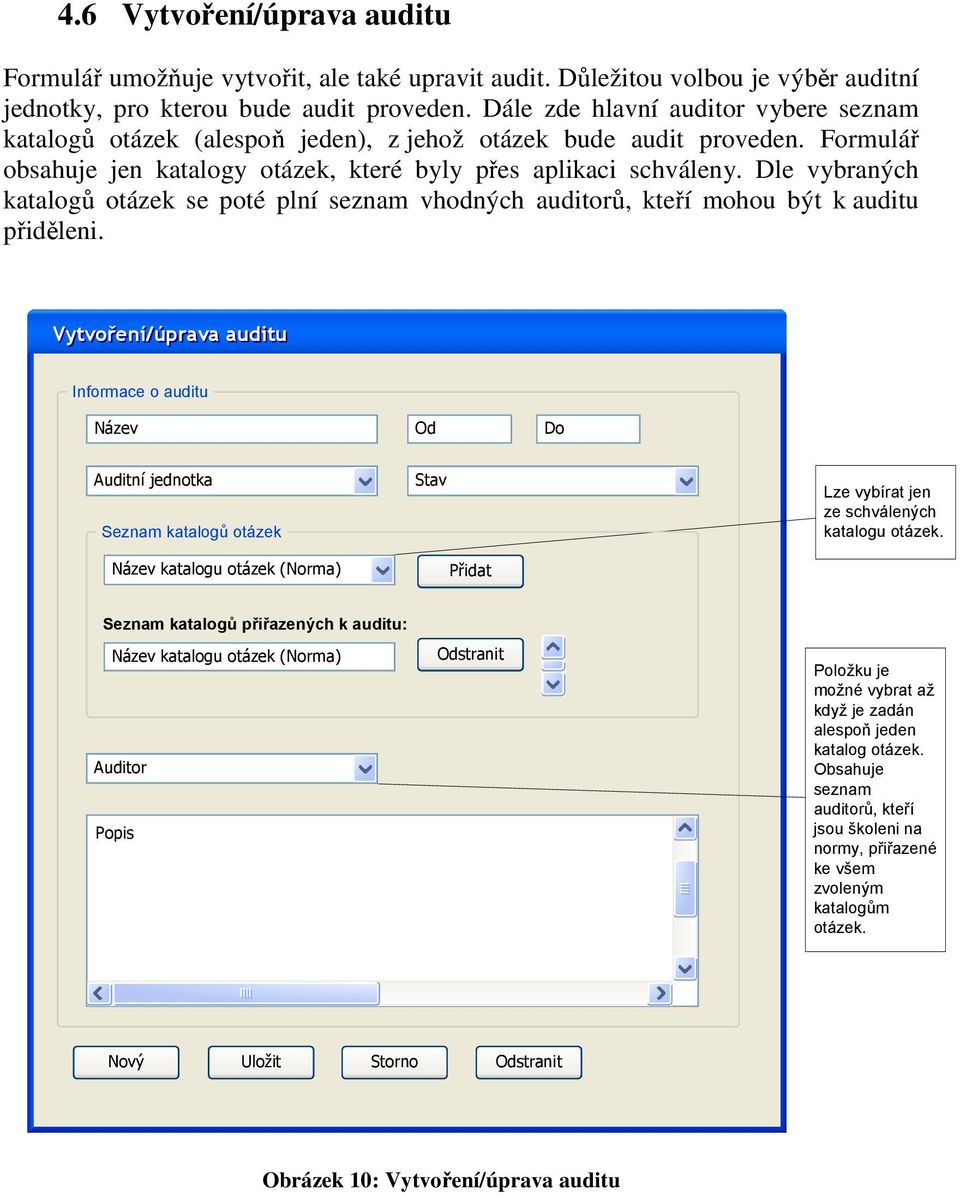 auditorů, kteří mohou být k auditu přiděleni Vytvoření/úprava auditu Informace o auditu Název Od Do Auditní jednotka Seznam katalogů otázek Stav Lze vybírat jen ze schválených katalogu otázek Název