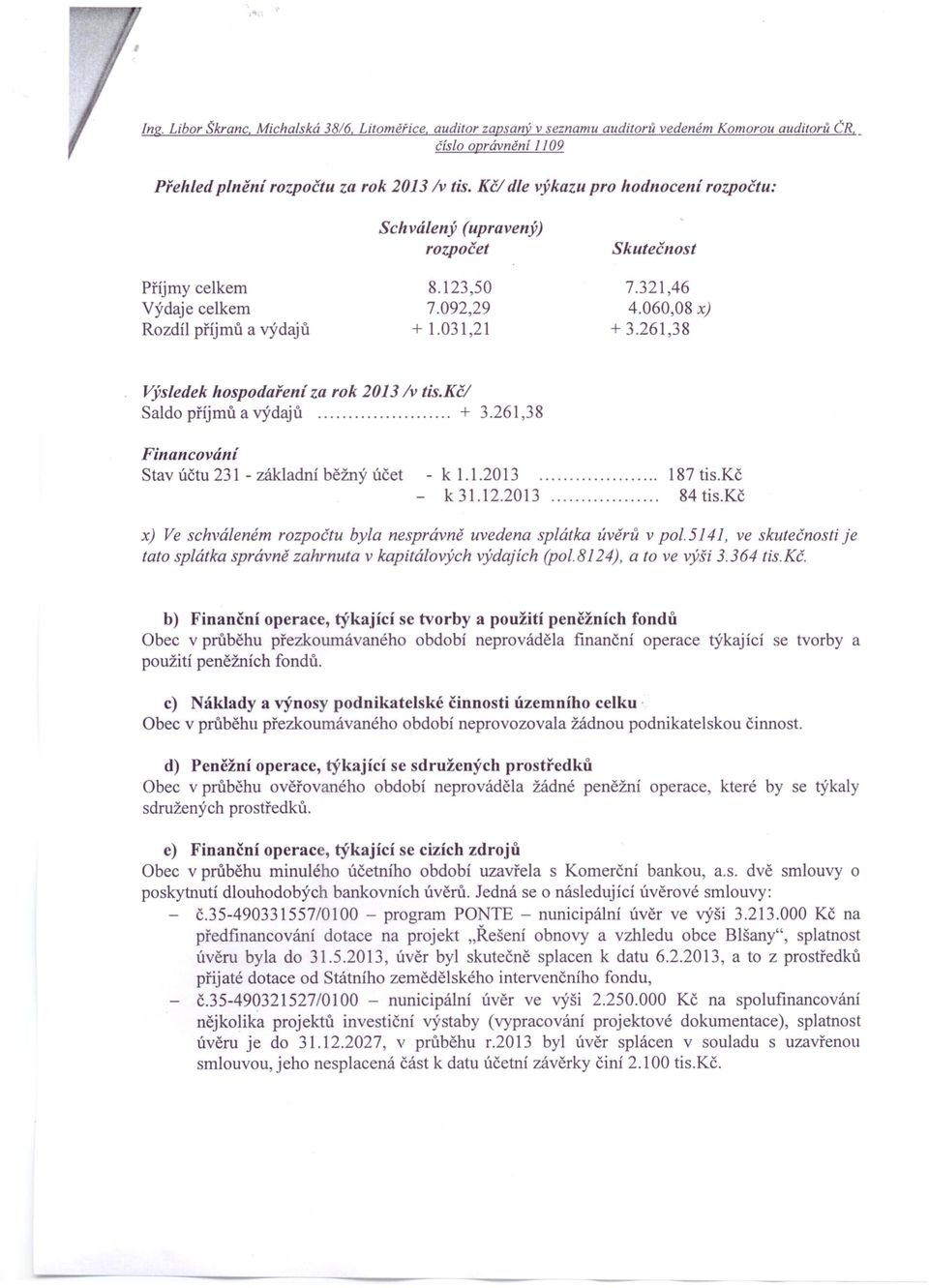 261,38 Výsledek hospodaření za rok 2013 Iv tis.kč/ Saldo příjmů a výdajů... "............ + 3.261,38 Financování Stav účtu 231 - základní běžný účet - k 1.1.2013 """"""""".. k 31.12.2013 """"".""". 187 tis.