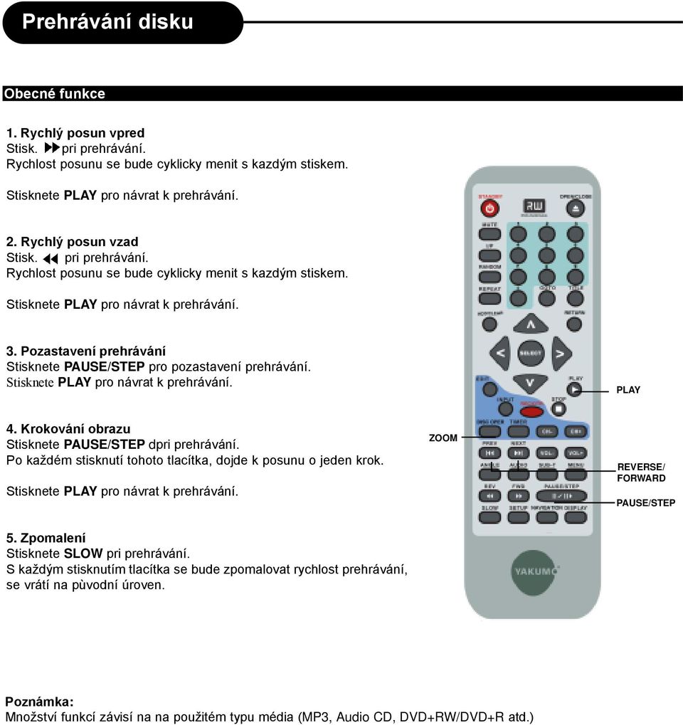 Stisknete PLAY pro návrat k prehrávání. PLAY 4. Krokování obrazu Stisknete PAUSE/STEP dpri prehrávání. Po každém stisknutí tohoto tlacítka, dojde k posunu o jeden krok.