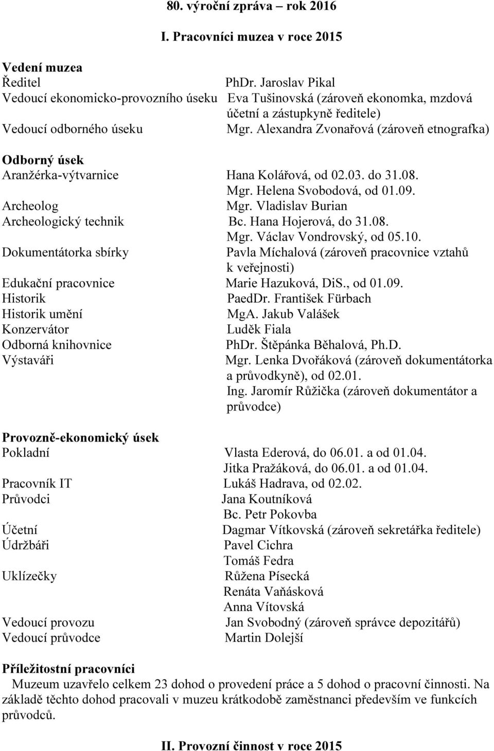 Alexandra Zvonařová (zároveň etnografka) Odborný úsek Aranžérka-výtvarnice Hana Kolářová, od 02.03. do 31.08. Mgr. Helena Svobodová, od 01.09. Archeolog Mgr. Vladislav Burian Archeologický technik Bc.