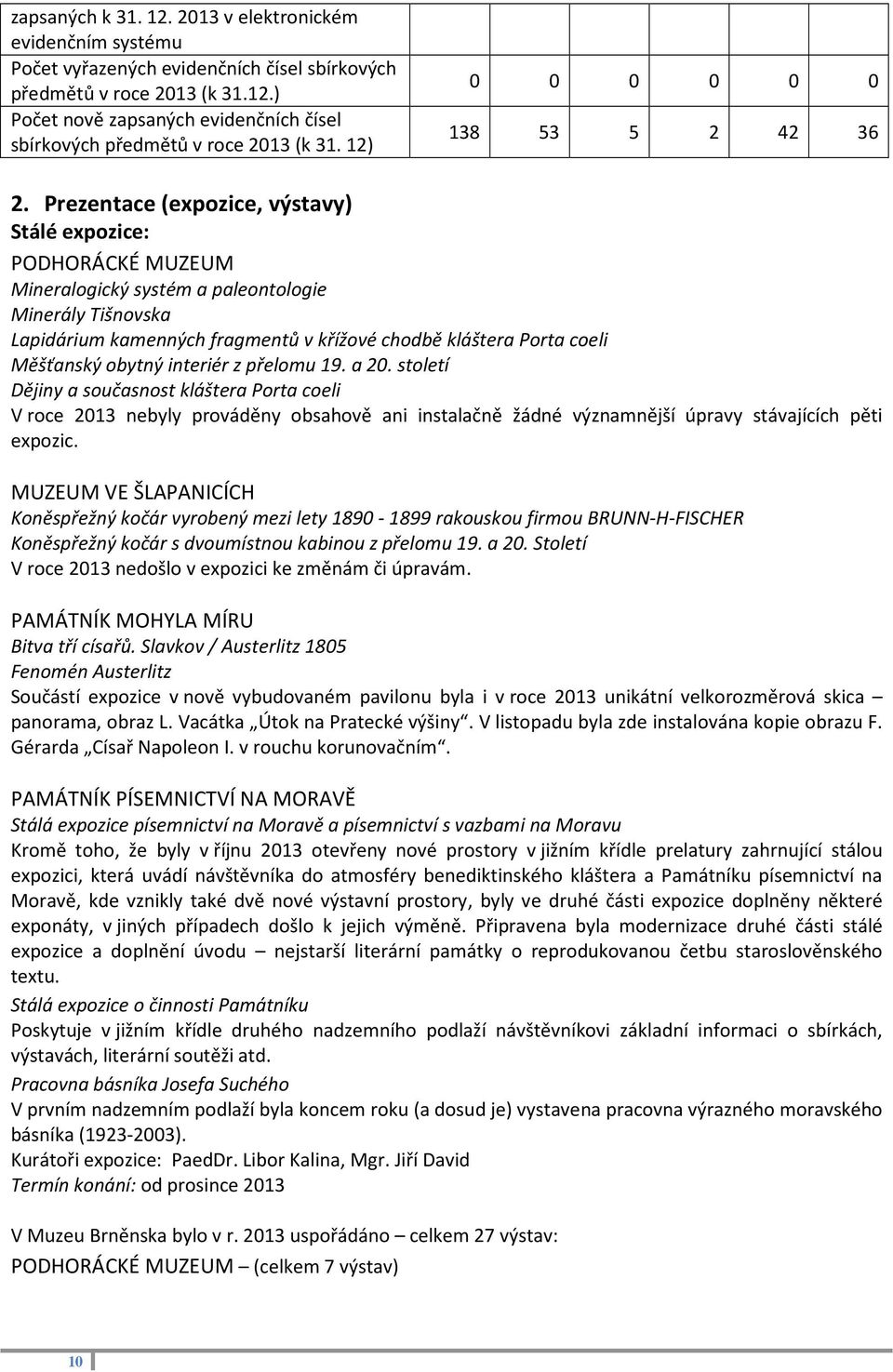 Prezentace (expozice, výstavy) Stálé expozice: PODHORÁCKÉ MUZEUM Mineralogický systém a paleontologie Minerály Tišnovska Lapidárium kamenných fragmentů v křížové chodbě kláštera Porta coeli Měšťanský