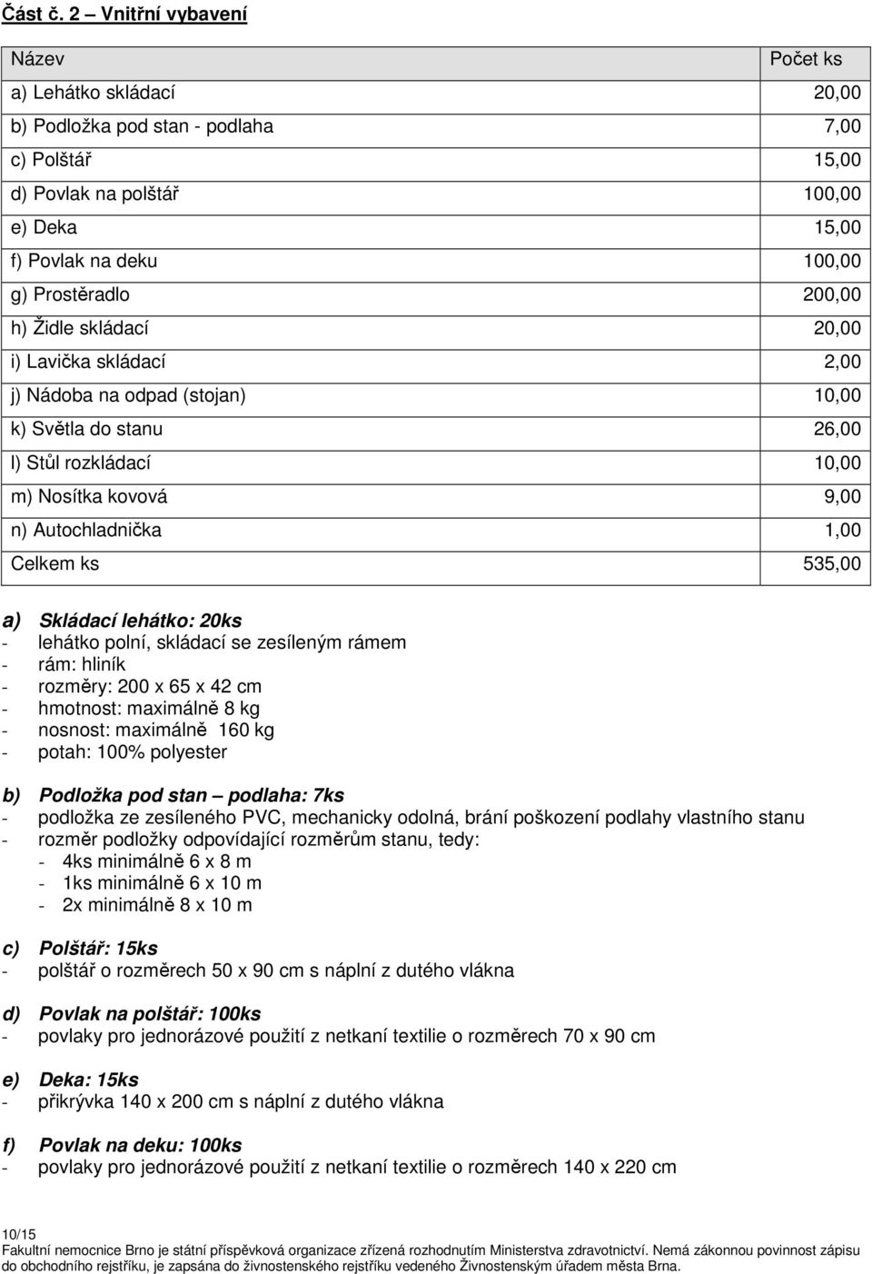 200,00 h) Židle skládací 20,00 i) Lavička skládací 2,00 j) Nádoba na odpad (stojan) 10,00 k) Světla do stanu 26,00 l) Stůl rozkládací 10,00 m) Nosítka kovová 9,00 n) Autochladnička 1,00 Celkem ks