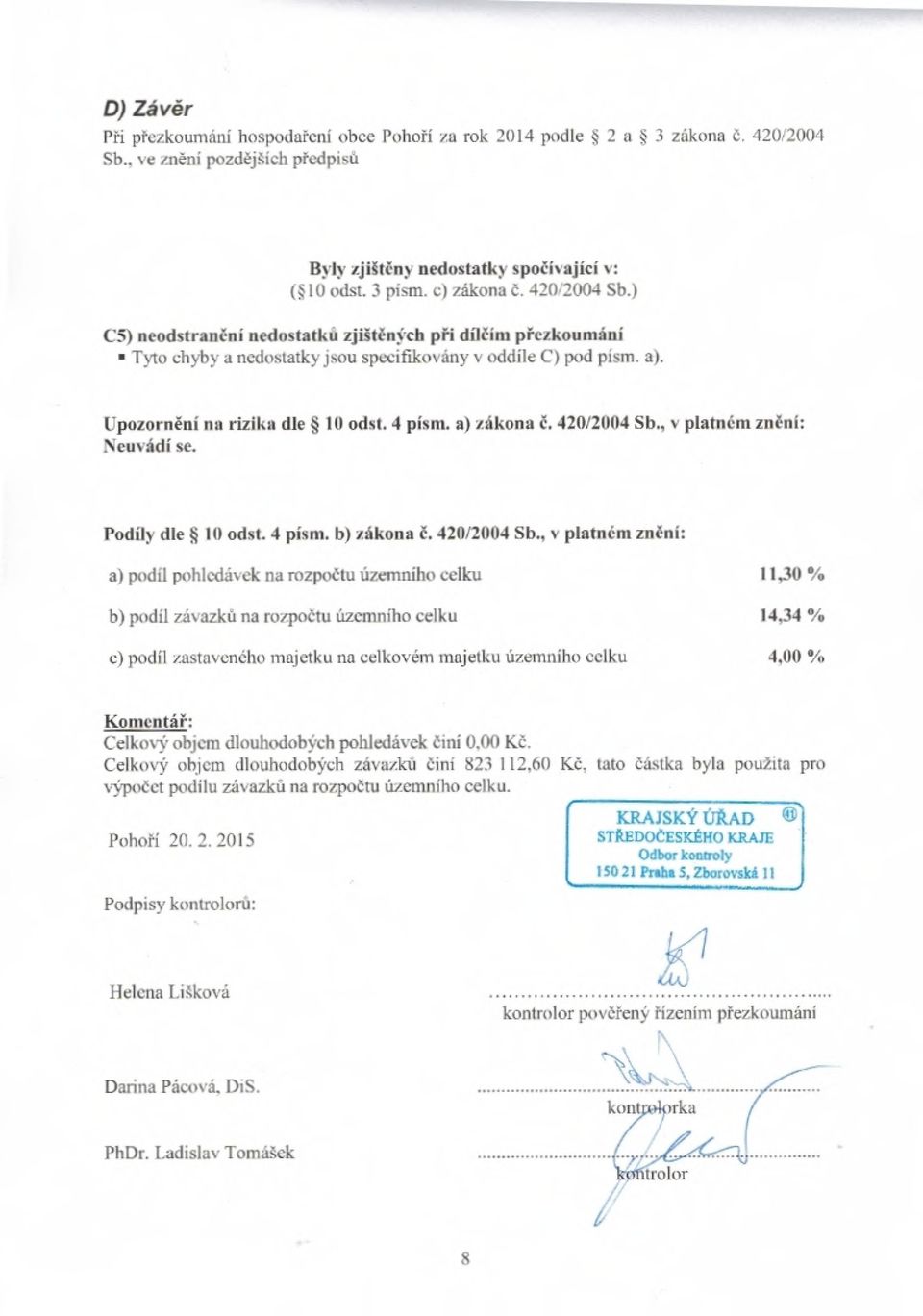 4 písm. a) zákona č. 42012004 Sb., v platném zn ění: Neuvádí se. Podíly dle g 10 odst. 4 písm. b) zákona č. 42012004 Sb., v platném zn ění: a) podíl pohledávek na rozpo čtu územního celku 11,30% b) podíl závazk ů na rozpočtu územního celku 14,34% c) podíl.