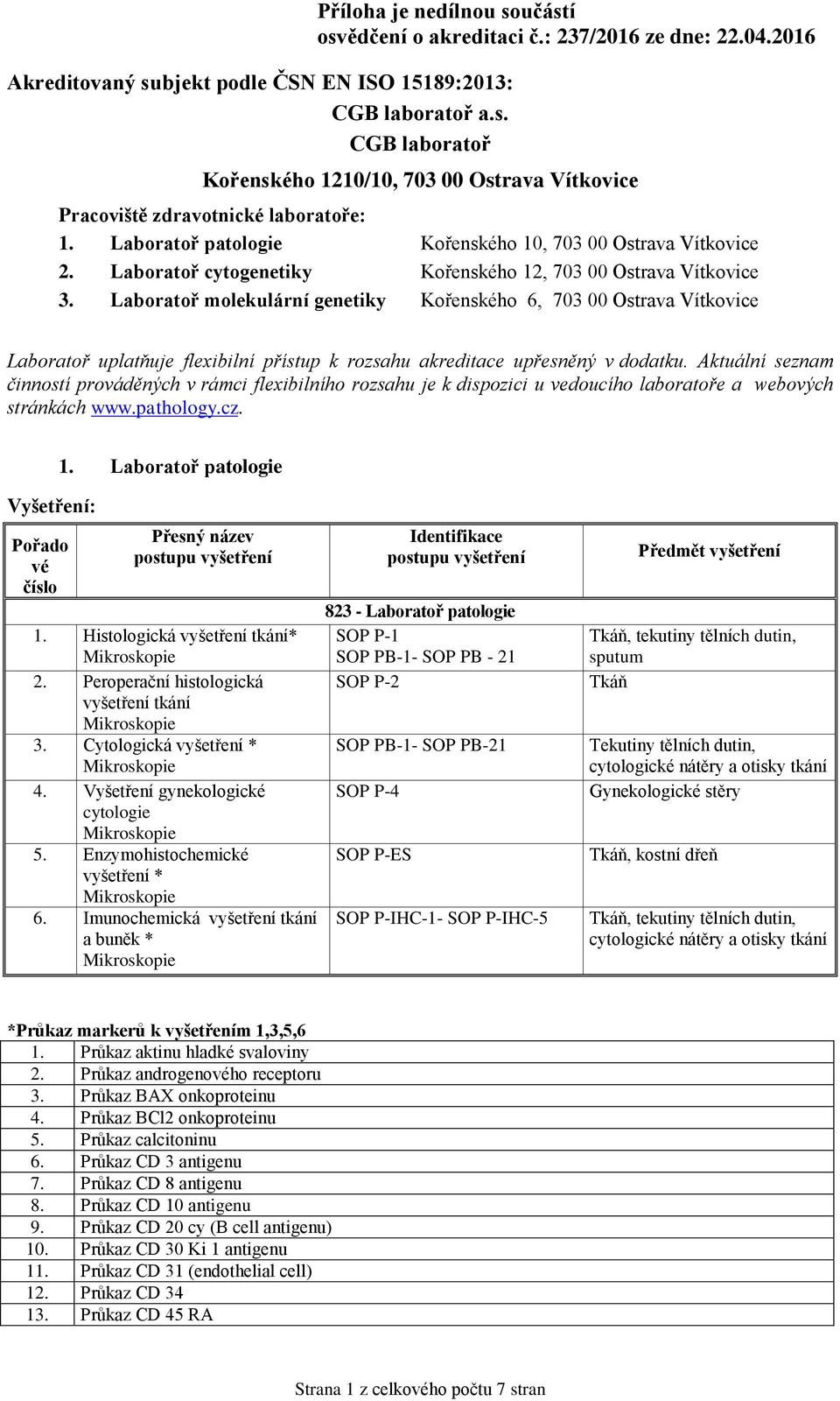 Aktuální seznam činností prováděných v rámci flexibilního rozsahu je k dispozici u vedoucího laboratoře a webových stránkách www.pathology.cz. 1. Laboratoř patologie Vyšetření: 1.