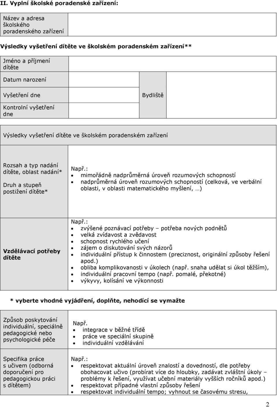 schopností (celková, ve verbální oblasti, v oblasti matematického myšlení, ) Vzdělávací potřeby zvýšené poznávací potřeby potřeba nových podnětů velká zvídavost a zvědavost schopnost rychlého učení