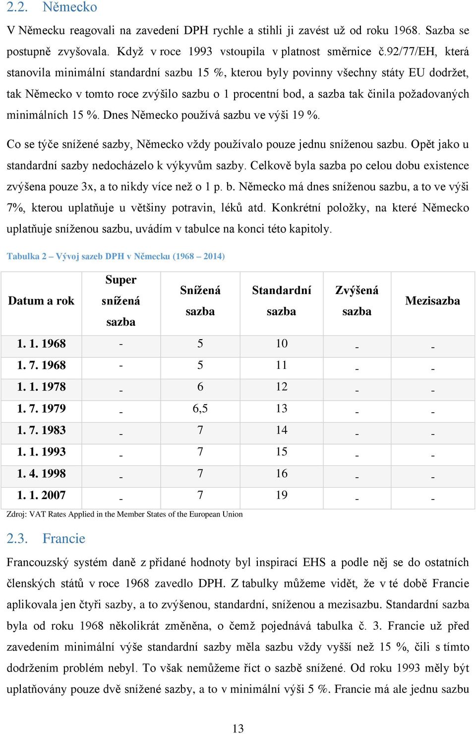 minimálních 15 %. Dnes Německo používá sazbu ve výši 19 %. Co se týče snížené sazby, Německo vždy používalo pouze jednu sníženou sazbu. Opět jako u standardní sazby nedocházelo k výkyvům sazby.