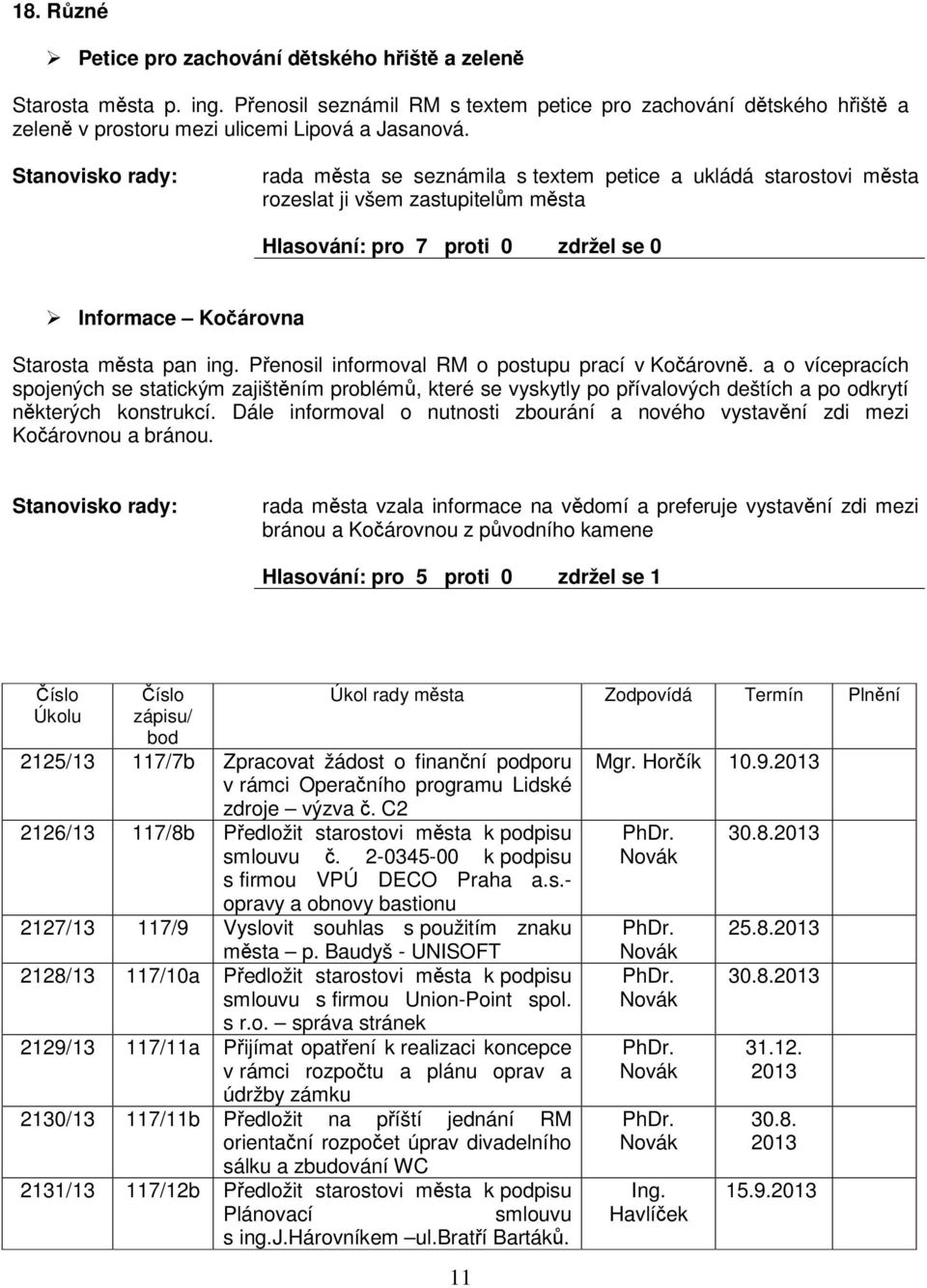 Penosil informoval RM o postupu prací v Koárovn. a o vícepracích spojených se statickým zajištním problém, které se vyskytly po pívalových deštích a po odkrytí nkterých konstrukcí.