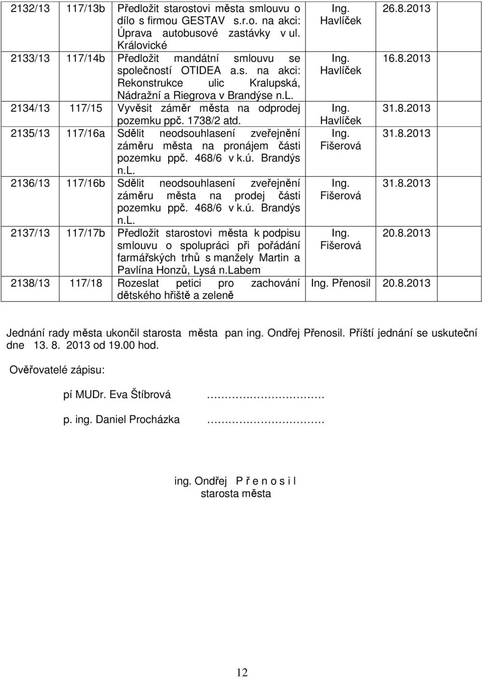 468/6 v k.ú. Brandýs n.l. 2137/13 117/17b Pedložit starostovi msta k podpisu smlouvu o spolupráci pi poádání farmáských trh s manžely Martin a Pavlína Honz, Lysá n.