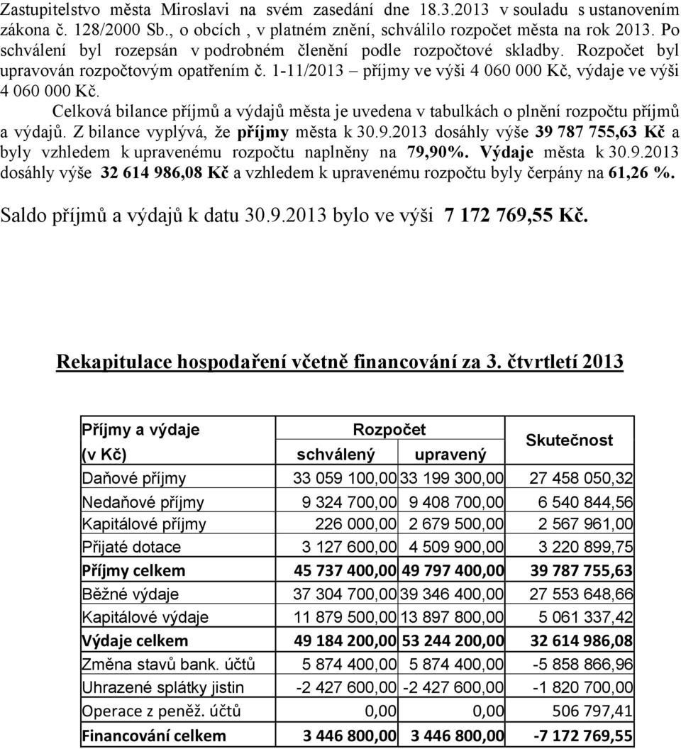 Celková bilance příjmů a výdajů města je uvedena v tabulkách o plnění rozpočtu příjmů a výdajů. Z bilance vyplývá, že příjmy města k 30.9.