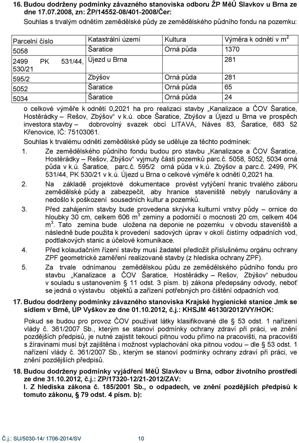 Orná půda 1370 2499 PK 531/44, Újezd u Brna 281 530/21 595/2 Zbýšov Orná půda 281 5052 Šaratice Orná půda 65 5034 Šaratice Orná půda 24 o celkové výměře k odnětí 0,2021 ha pro realizaci stavby