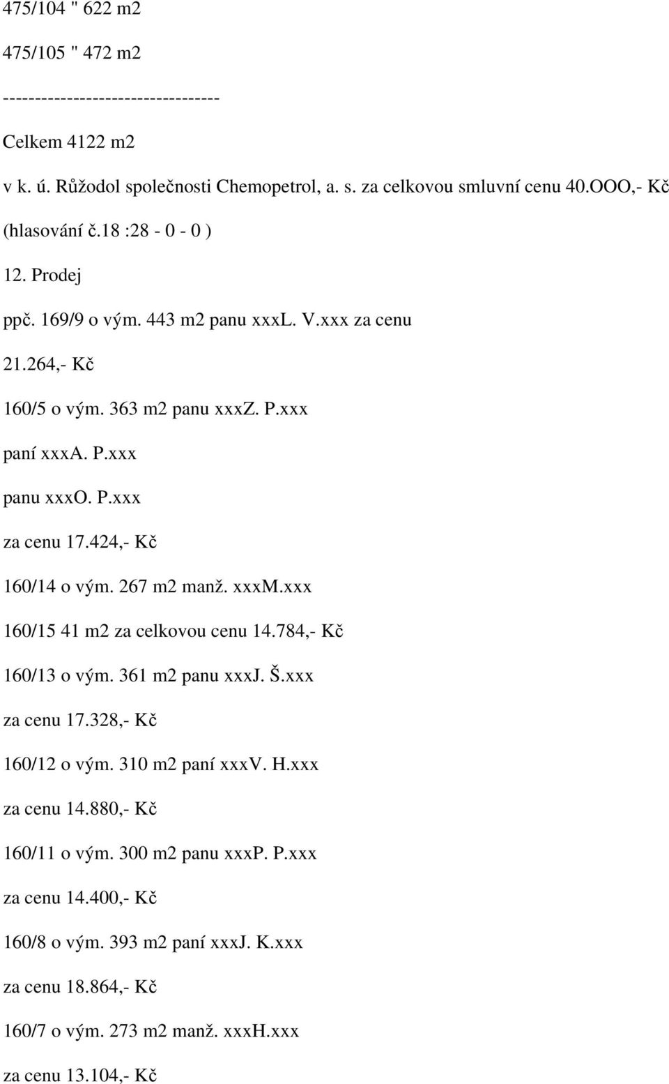 424,- Kč 160/14 o vým. 267 m2 manž. xxxm.xxx 160/15 41 m2 za celkovou cenu 14.784,- Kč 160/13 o vým. 361 m2 panu xxxj. Š.xxx za cenu 17.328,- Kč 160/12 o vým. 310 m2 paní xxxv. H.