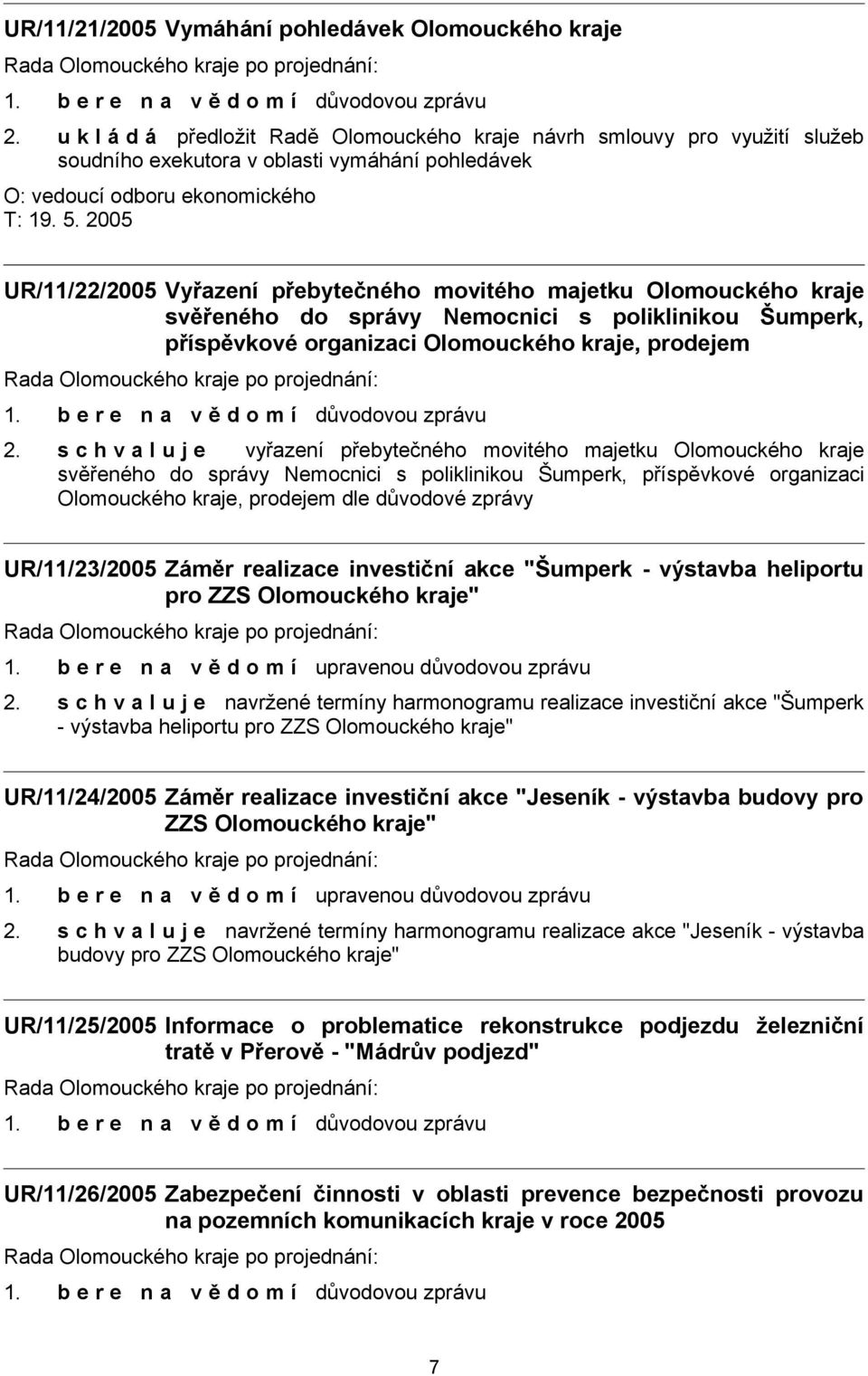 2005 UR/11/22/2005 Vyřazení přebytečného movitého majetku Olomouckého kraje svěřeného do správy Nemocnici s poliklinikou Šumperk, příspěvkové organizaci Olomouckého kraje, prodejem 2.