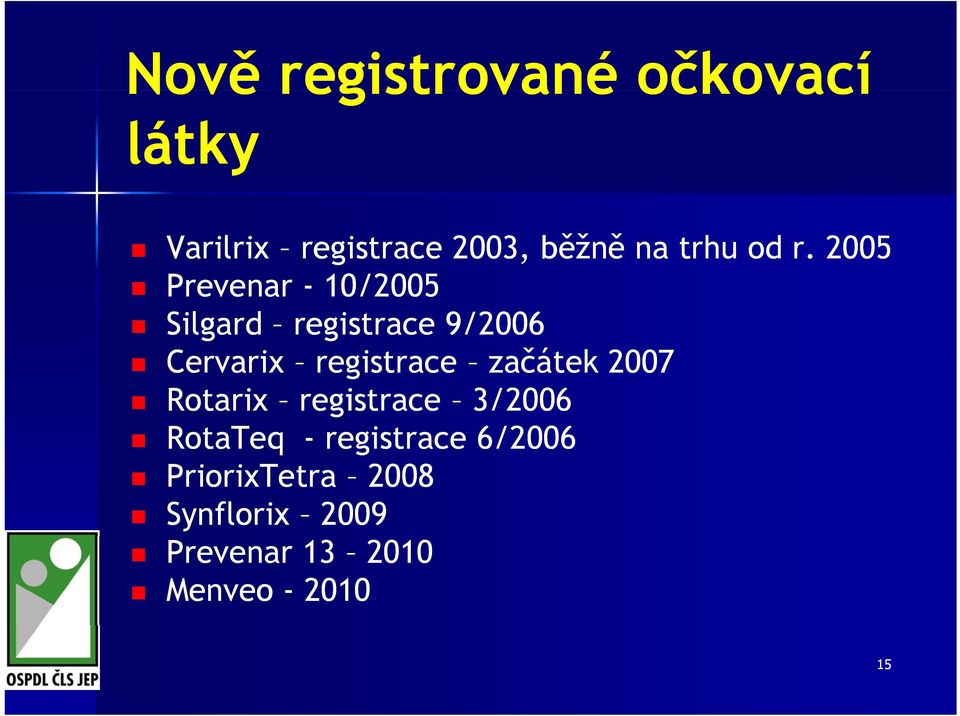 2005 Prevenar - 10/2005 Silgard registrace 9/2006 Cervarix registrace