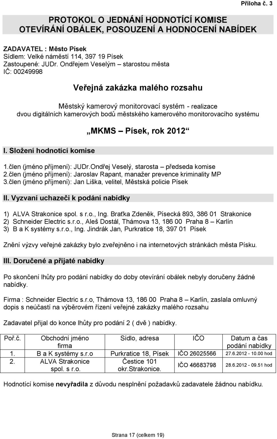 systému I. Složení hodnotící komise MKMS Písek, rok 2012 1.člen (jméno příjmení): JUDr.Ondřej Veselý, starosta předseda komise 2.