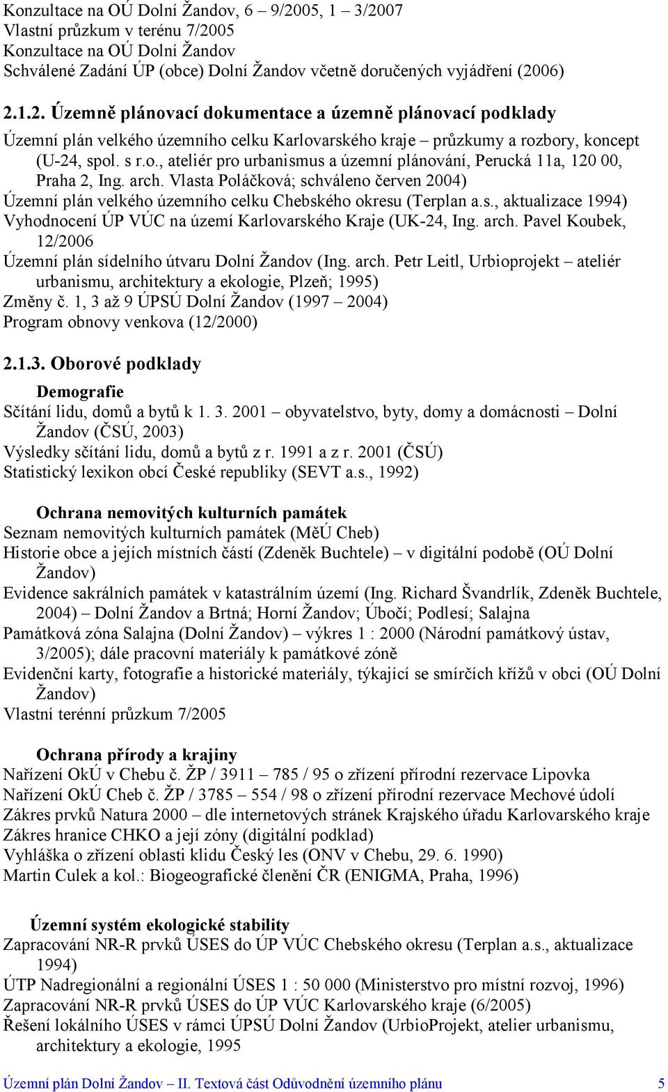 arch. Pavel Koubek, 12/2006 Územní plán sídelního útvaru Dolní Žandov (Ing. arch. Petr Leitl, Urbioprojekt ateliér urbanismu, architektury a ekologie, Plzeň; 1995) Změny č.