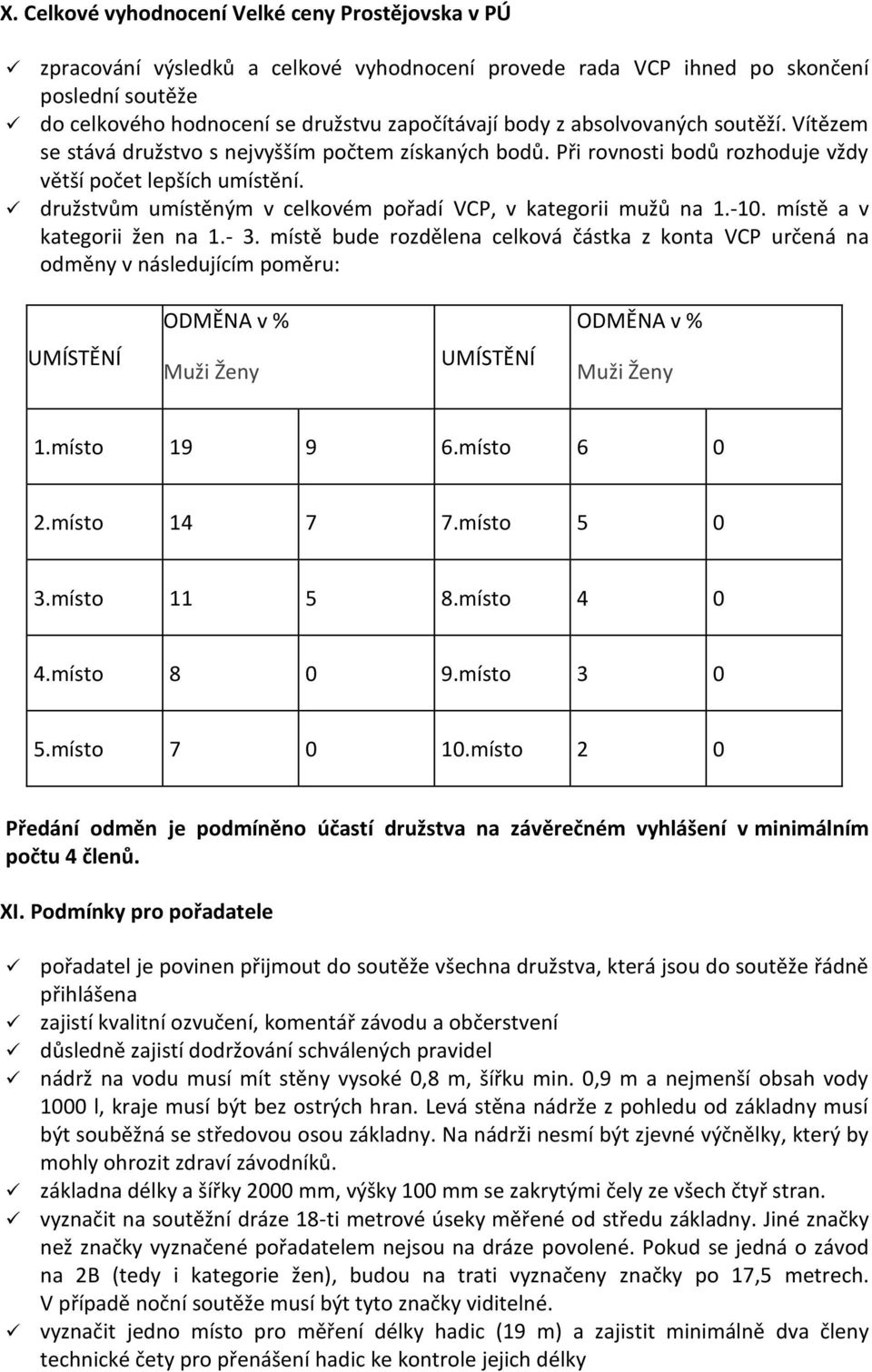 družstvům umístěným v celkovém pořadí VCP, v kategorii mužů na 1.-10. místě a v kategorii žen na 1.- 3.