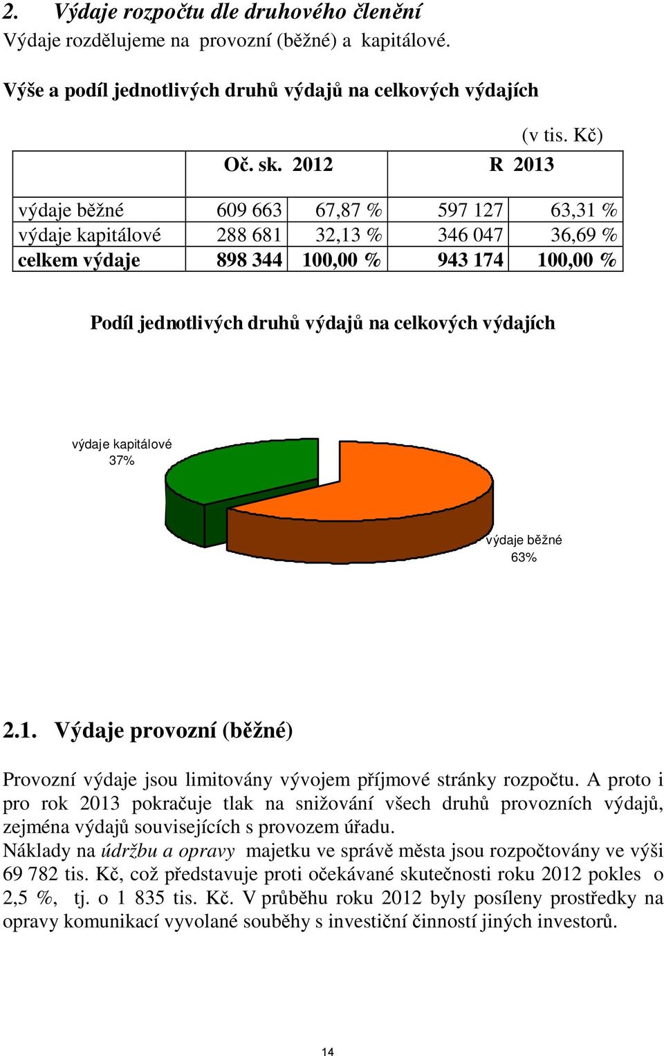 výdajích výdaje kapitálové 37% výdaje běžné 63% 2.1. Výdaje provozní (běžné) Provozní výdaje jsou limitovány vývojem příjmové stránky rozpočtu.