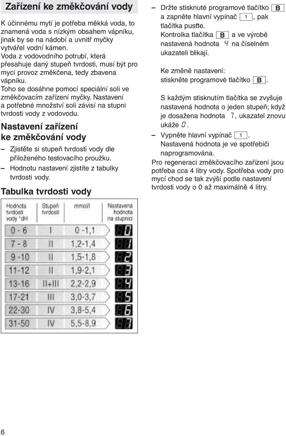 Nastavení a potřebné množství soli závisí na stupni tvrdosti vody z vodovodu. Nastavení zařízení ke změkčování vody Zjistěte si stupeň tvrdosti vody dle přiloženého testovacího proužku.