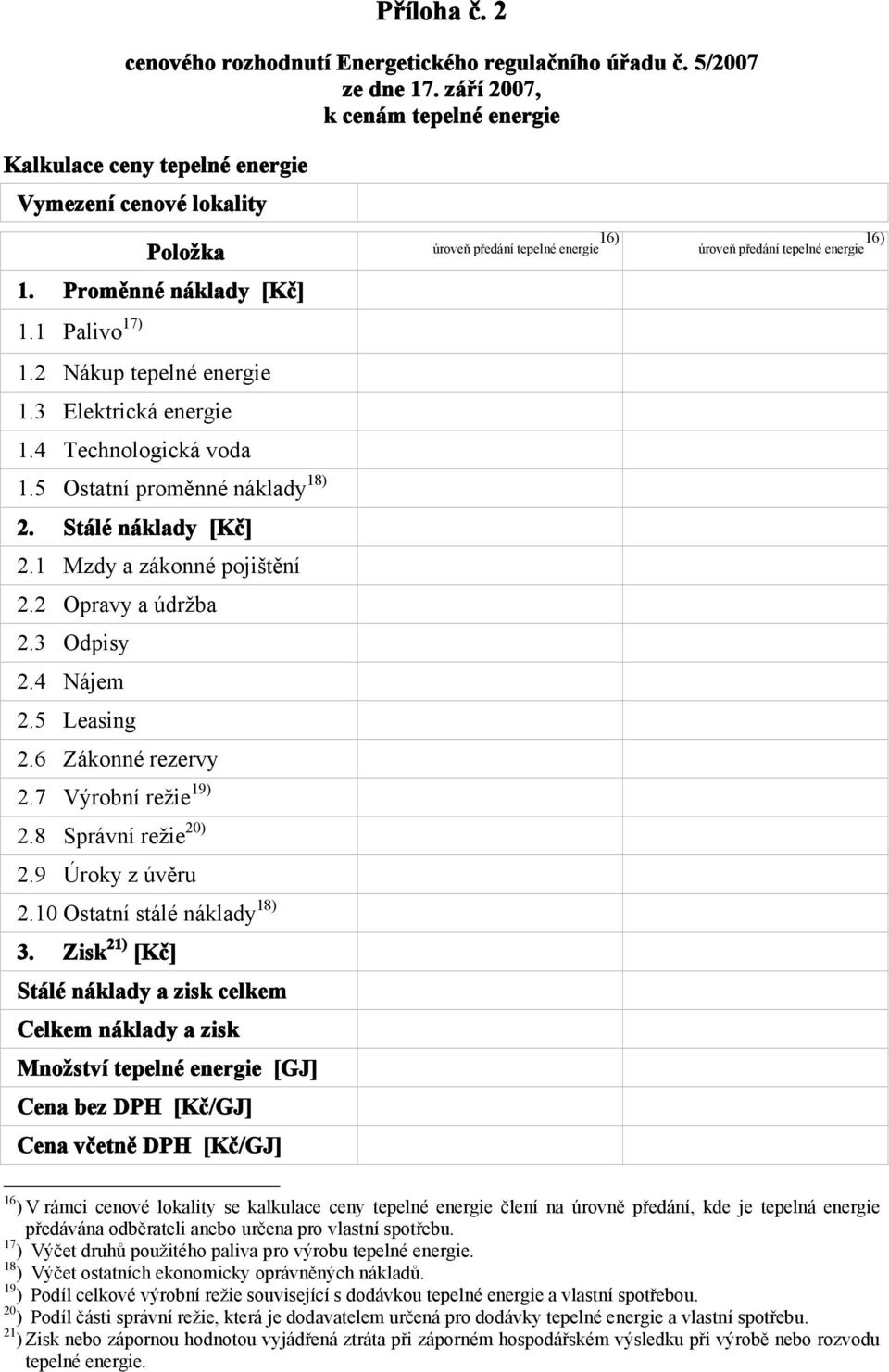 1 Palivo 17) 1.2 Nákup tepelné energie 1.3 Elektrická energie 1.4 Technologická voda 1.5 Ostatní proměnné náklady 18) 2. Stálé náklady [Kč] 2.1 Mzdy a zákonné pojištění 2.2 Opravy a údržba 2.