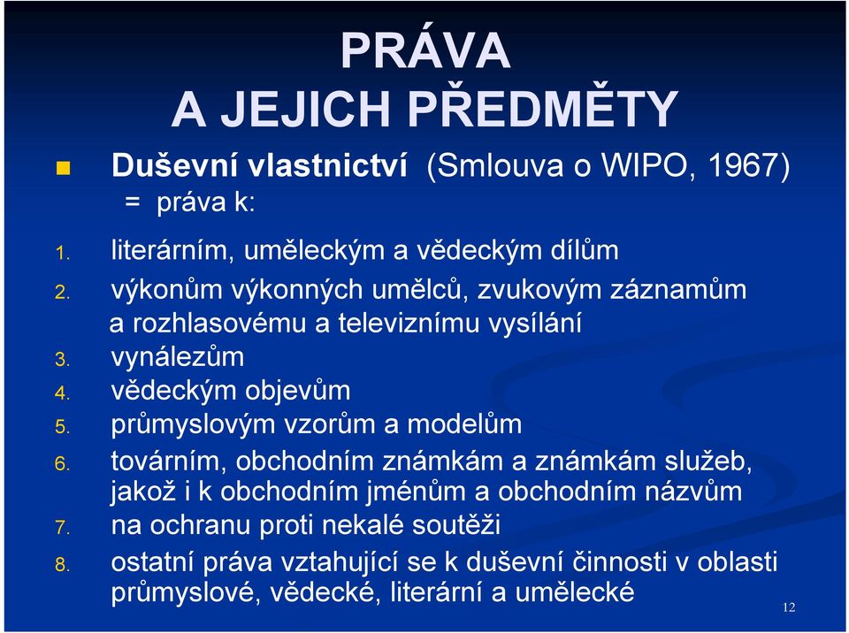 průmyslovým vzorům a modelům 6. továrním, obchodním známkám a známkám služeb, jakož i k obchodním jménům a obchodním názvům 7.