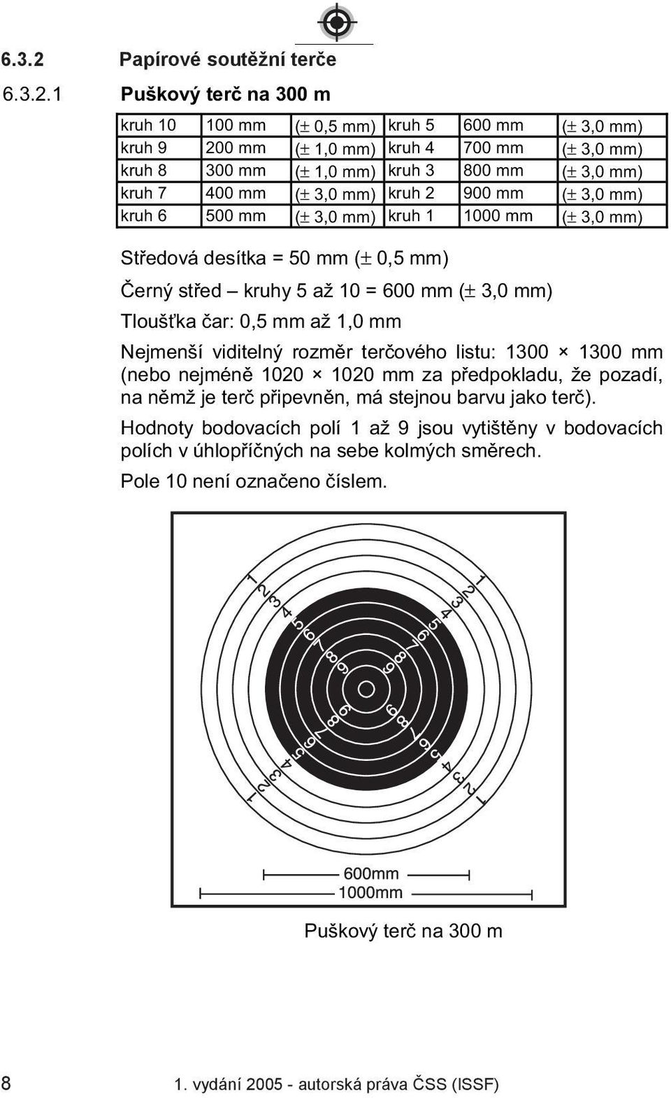 1 Puškový ter na 300 m kruh 10 100 mm (± 0,5 mm) kruh 5 600 mm (± 3,0 mm) kruh 9 200 mm (± 1,0 mm) kruh 4 700 mm (± 3,0 mm) kruh 8 300 mm (± 1,0 mm) kruh 3 800 mm (± 3,0 mm) kruh 7 400 mm (± 3,0 mm)