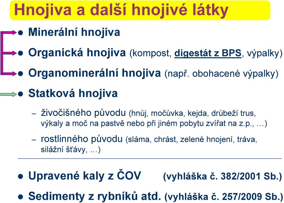 obohacené výpalky) Statková hnojiva živočišného původu (hnůj, močůvka, kejda, drůbeží trus, výkaly a moč na pastvě