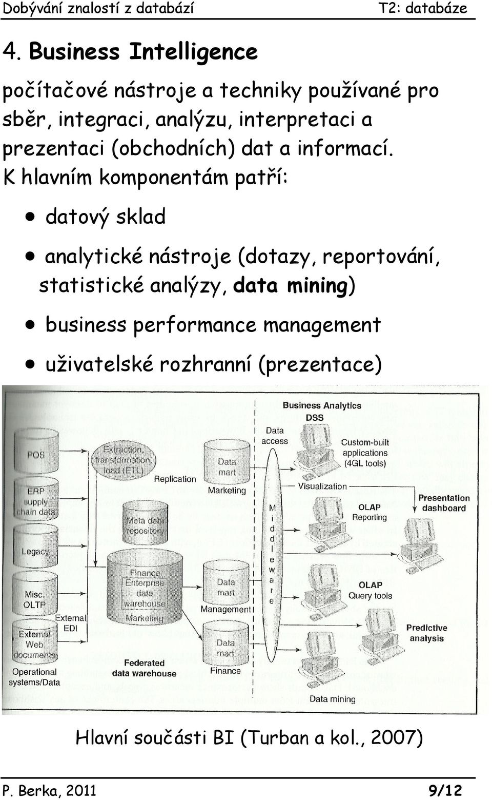 K hlavním komponentám patří: datový sklad analytické nástroje (dotazy, reportování, statistické