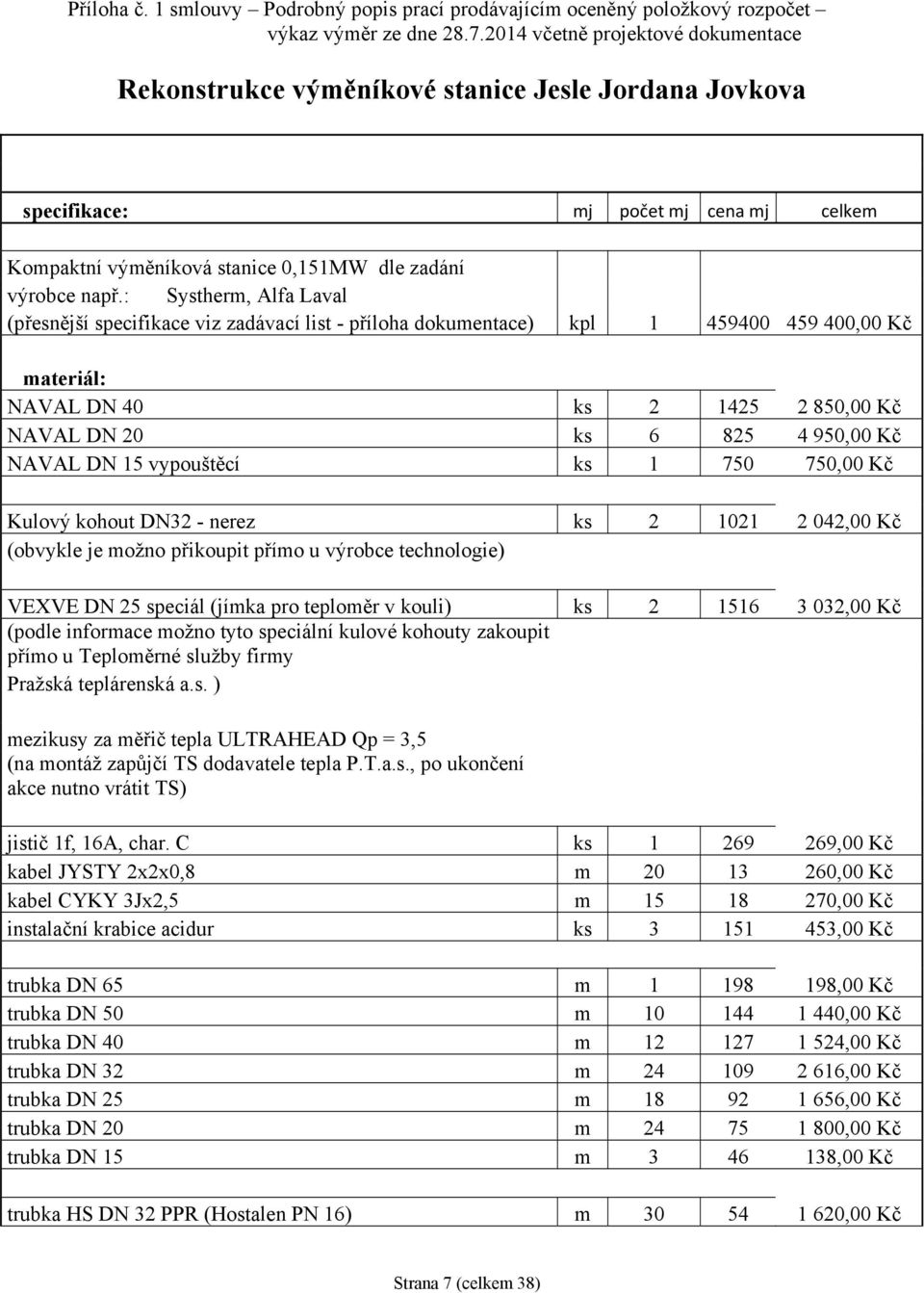 : Systherm, Alfa Laval (přesnější specifikace viz zadávací list - příloha dokumentace) kpl 1 459400 459 400,00 Kč materiál: NAVAL DN 40 ks 2 1425 2 850,00 Kč NAVAL DN 20 ks 6 825 4 950,00 Kč NAVAL DN