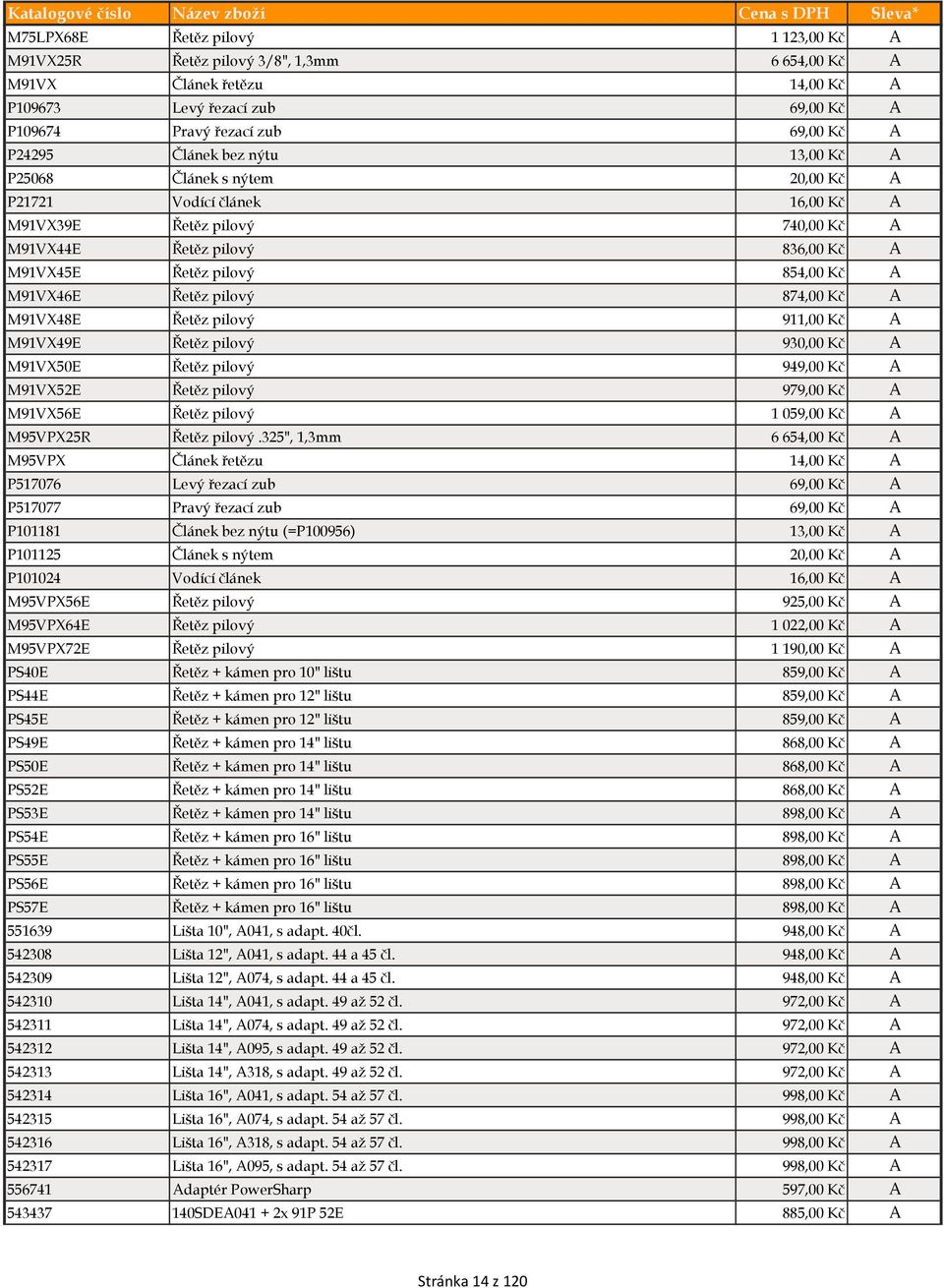 M91VX46E Řetěz pilový 874,00 Kč A M91VX48E Řetěz pilový 911,00 Kč A M91VX49E Řetěz pilový 930,00 Kč A M91VX50E Řetěz pilový 949,00 Kč A M91VX52E Řetěz pilový 979,00 Kč A M91VX56E Řetěz pilový 1