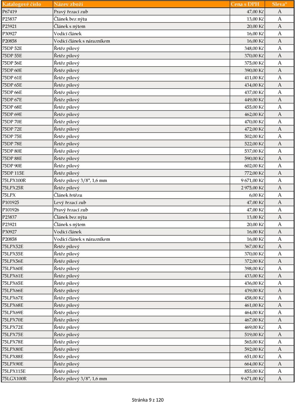 Řetěz pilový 437,00 Kč A 75DP 67E Řetěz pilový 449,00 Kč A 75DP 68E Řetěz pilový 455,00 Kč A 75DP 69E Řetěz pilový 462,00 Kč A 75DP 70E Řetěz pilový 470,00 Kč A 75DP 72E Řetěz pilový 472,00 Kč A 75DP